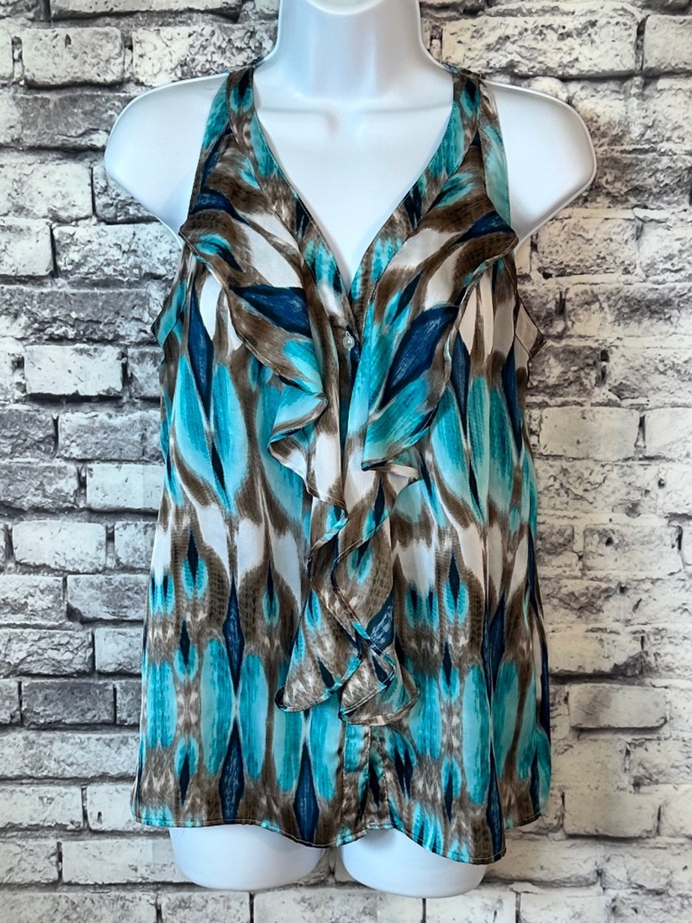 Milano Blue and brown Ruffled Sleeveless Blouse Size S